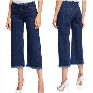 CAARA Lorraine Dark Wash Blue Wide Leg Cropped Jeans Frayed Hems size Medium